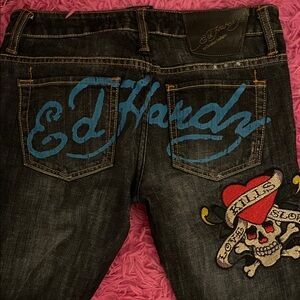 Ed Hardy Dark Jeans with Blue Logo and Patches